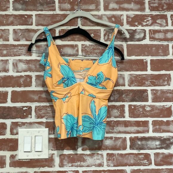 NWT Cupshe Peach Light Blue Hibiscus Floral Peplum Tankini and Bottom Set Sz S - Picture 1 of 7